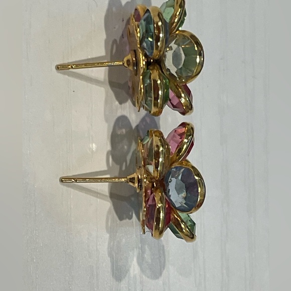 Pair Pierced Earrings Gold tone Crystal? Pink,blue, green, shiny like rhinestone - Picture 4 of 5